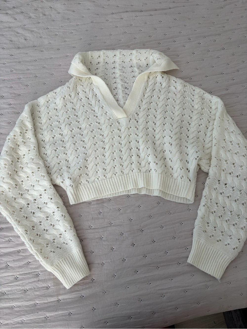 Sailor Collar Cropped Pointelle & Cable Knit Sweater